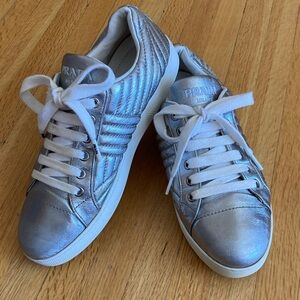 Prada Diagramme Metallic Silver Low-Top Sneakers